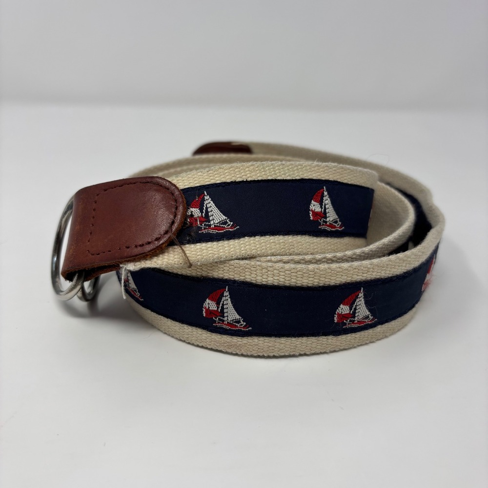 Barrons-Hunter Mens Sailboat D-Ring Belt Cream Navy Blue Leather Trim USA Made M